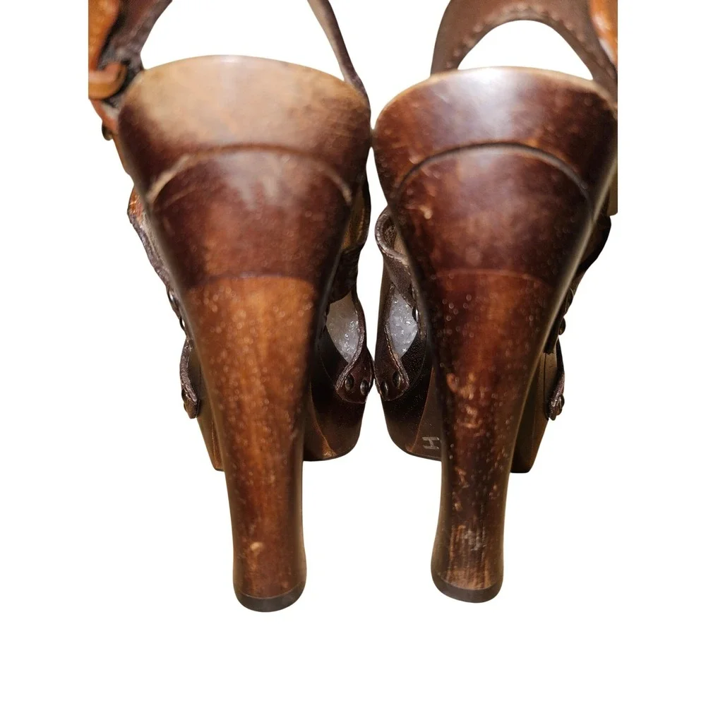 Frye Dara‎ Slingback Dark Brown Leather Wooden Platform Block Heel Sandals 7M